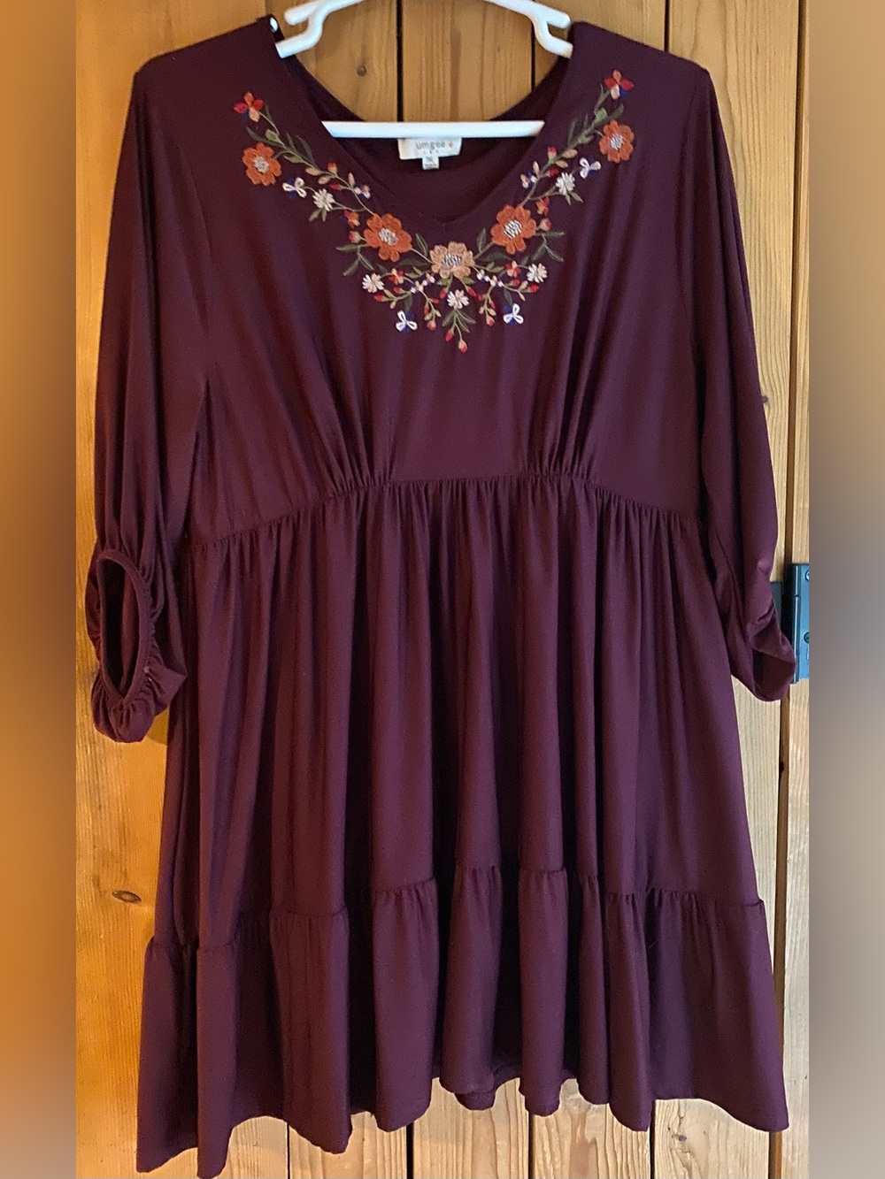 Umgee USA Embroidered Floral V-Neck Burgundy Dress